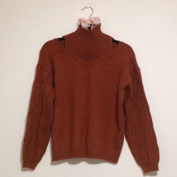 Sweaters - Rust Brown Soft Turtleneck Sweater with Shoulder Cut-outs